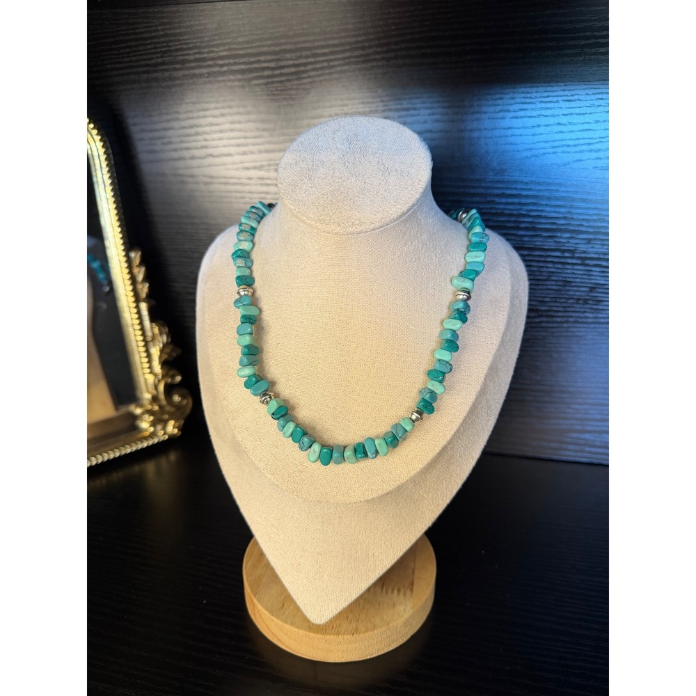 Turquoise Nugget Necklace Silver Tone Spacers Leather Button Toggle 18.5 Inch